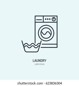 Hand washing of clothes and washing machine line icon. Vector logo for laundry or dry cleaning service. Linear illustration of gentle wash.