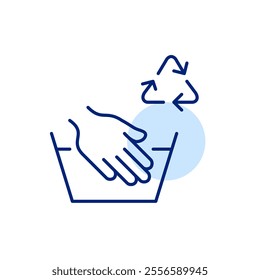 Hand washing clothes and recycling arrows. Green laundry, eco-washing and sustainable practices. Pixel perfect, editable stroke icon