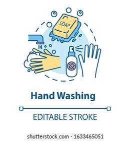 Hand washing concept icon. Sanitary and safety. Rinsing with water. Cleaning with soap. Hygiene idea thin line illustration. Vector isolated outline RGB color drawing. Editable stroke