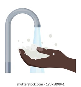 Hand washing. Dark-skinned hands with soap suds under the tap water. Decontamination of hands with soap. Vector illustration isolated on a white background for design and the web.