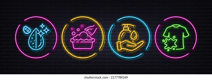 Hand Washing, Dirty Water And Wash Hands Minimal Line Icons. Neon Laser 3d Lights. Dirty T-shirt Icons. For Web, Application, Printing. Laundry Basin, Aqua Drop, Liquid Soap. Laundry Shirt. Vector