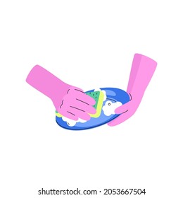 Hand washing dish with sponge, cleaning and housework concept vector Illustration on a white background. Dishwashing liquid soap.