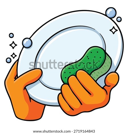 Hand washing dish with sponge vector illustration on white background depicting cleaning and housework concept perfect for domestic chores