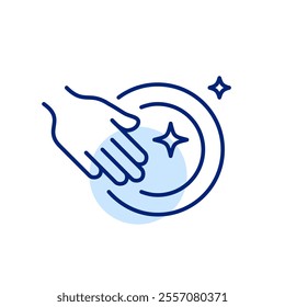 Hand washing dishes and clean stars. Household chores, use of detergent. Pixel perfect, editable stroke icon