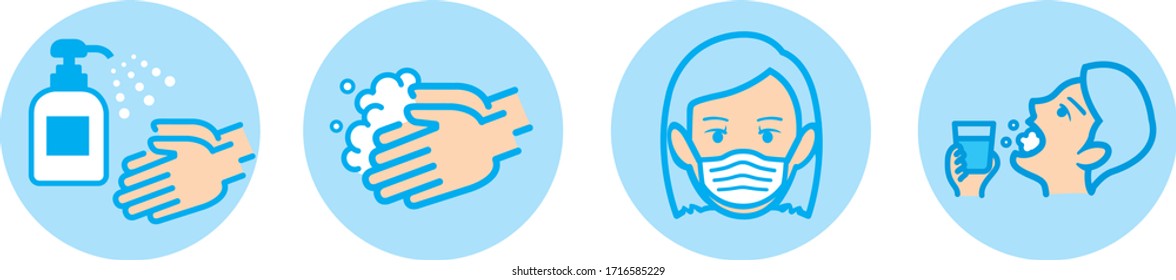 hand washing, disinfection, gargle, mask /disease prevention Icon set