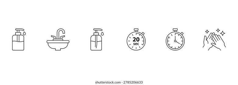 Hand washing duration line icons vector set with stopwatch sanitizer and sink illustration.