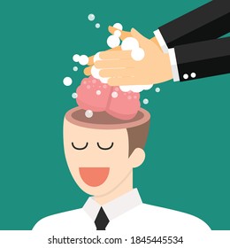 Hand washing enemy businessmans brain. Brainwashing concept. vector illustration