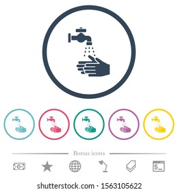 Hand washing flat color icons in round outlines. 6 bonus icons included.