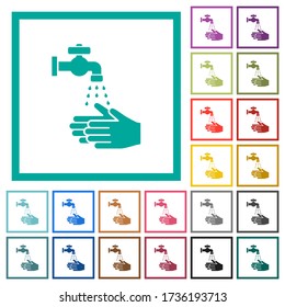 Hand washing flat color icons with quadrant frames on white background