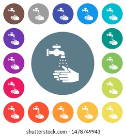 Hand washing flat white icons on round color backgrounds. 17 background color variations are included.