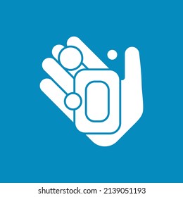  Hand washing glyph icon. Soap brick on palm. Disinfection. Hygiena concept. Filled flat sign. Isolated silhouette vector illustration