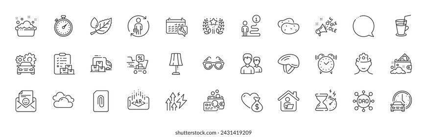 Hand washing, Hourglass timer and Work home line icons. Pack of Couple, Ole chant, Ranking icon. Leaf dew, Cocktail, Augmented reality pictogram. Timer, Car service, Delivery truck. Line icons. Vector