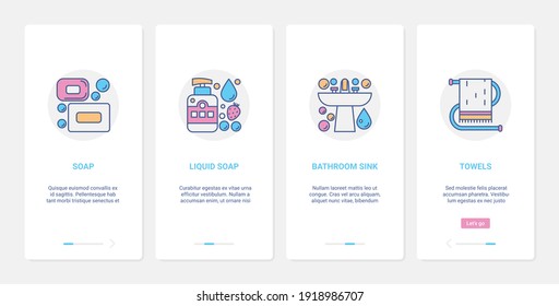 Hand washing hygiene tools, bathroom restroom household equipment vector illustration. UX, UI onboarding mobile app page screen set with line solid and liquid soap, sink washstand towels symbols