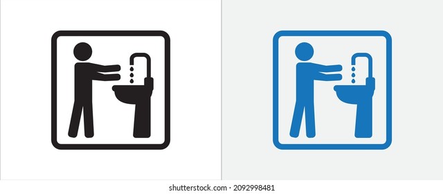 Hand washing icon. Hand washing basing symbol. Hand wash faucet icons for restroom and WC facility.