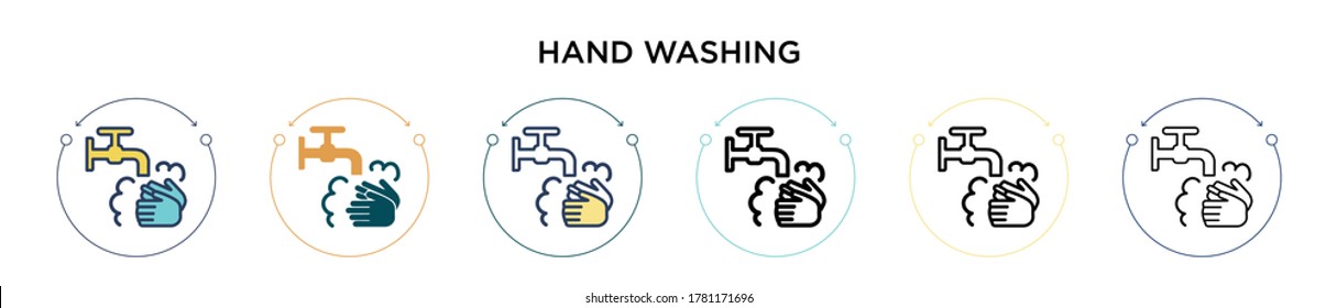 Icono de lavado de manos en estilo relleno, delgado, contorno y trazo. Ilustración vectorial de dos iconos vectoriales coloridos y negros se pueden utilizar para móviles, ui, web