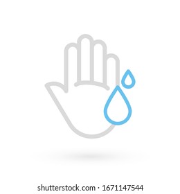 Hand washing icon. Hands with water drops symbol. Prevention against viruses, bacteria, flu, coronavirus. Concept of hygiene, cleanliness, disinfection. Vector illustration, flat design