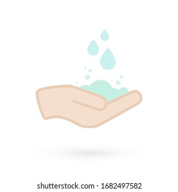 Hand washing icon. Hand with water and soap symbol. Prevention against viruses, bacteria, flu, coronavirus. Concept of hygiene, cleanliness, disinfection. Vector illustration, flat design