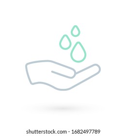 Hand washing icon. Hand with water symbol. Prevention against viruses, bacteria, flu, coronavirus. Concept of hygiene, cleanliness, disinfection. Vector illustration, flat design