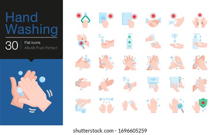 Hand washing icons. Hygiene care, antibacterial, protect from coronavirus (covid-19). Flat design. For presentation, graphic design, mobile application or UI. Vector illustration.