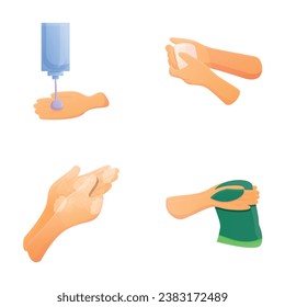 Iconos de lavado de manos establecen el vector de dibujos animados. Mano humana durante el lavado. Higiene personal