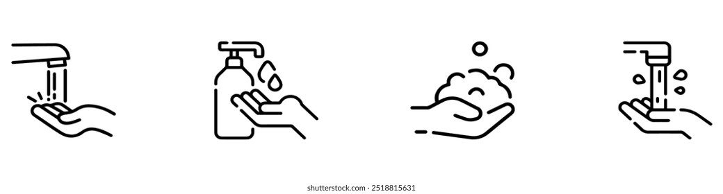 Conjunto de iconos de prevención de enfermedades proteger. Vector desinfectante, antiséptico, antibacteriano. Proceso de lavado de manos con agua de enjuague, grifo, jabón, toalla e iconos de seguridad. EPS 10