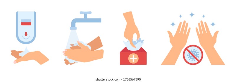 Hand washing icons set. Vector illustration on a white background. How to wash your hands tips, instructions and guidelines. Anti-virus infographics safety rules. Wash hands against infectious disease