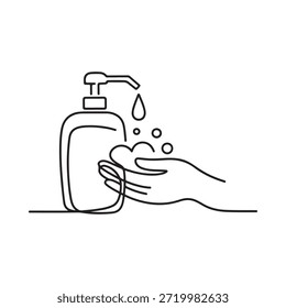 Ilustración de lavado de manos con dispensador de jabón y una mano bajo el agua