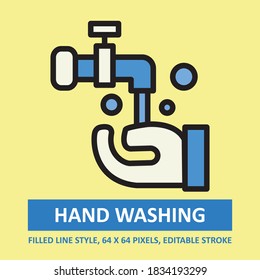 Hand Washing Illustration Vector Icon Filled Outline Style. Editable Stroke. Base 64 x 64 Pixels. Expanded. Perfect Use for Awareness in Banner, Flyer, Presentation, etc.
