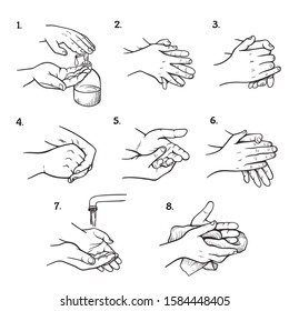 Hand washing instructions black and white illustrations set. Palms and fingers cleaning steps sketches pack. Routine individual hygiene procedure stages drawings. Educational infographic design