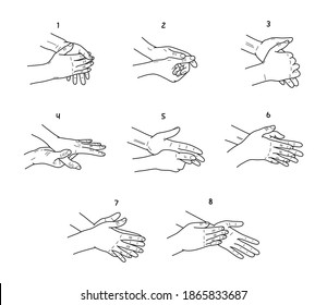 Hand washing instructions black and white illustrations set. Palms and fingers cleaning steps sketches pack. Routine individual hygiene procedure stages drawings. Infographic.