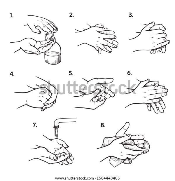 Hand Washing Instructions Black White Illustrations Stock Vector ...