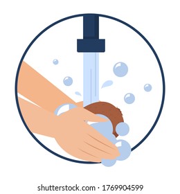 Hand washing kiwi vector isolated. Wash fruits and vegetables before eating concept. Healthy lifestyle tips. Clean fruit in water and soap.