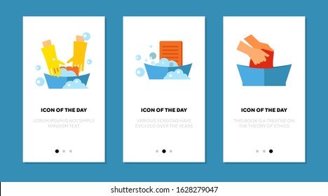 Hand washing laundry flat icon set. Basin, rubber gloves, foam isolated sign pack. Textile, clothes, domestic concept. Vector illustration symbol elements for web design