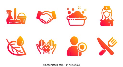 Hand washing, Leaf dew and Security line icons set. Safe time, Handshake and Household service signs. Hospital nurse, Food symbols. Laundry basin, Water drop. Business set. Vector