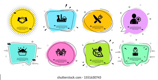 Hand washing, Leaf dew and Security line icons set. Chat bubbles with quotes. Safe time, Handshake and Household service signs. Hospital nurse, Food symbols. Laundry basin, Water drop. Vector