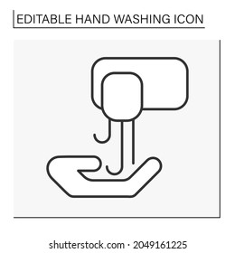  Hand washing line icon. Automatic soap machine. Sanitizing. Hygiena concept. Isolated vector illustration. Editable stroke