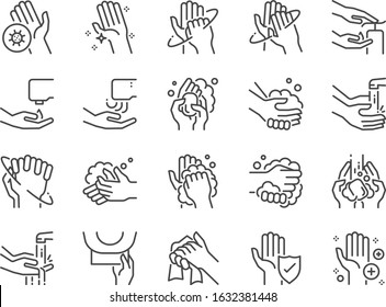 Juego de iconos de la línea de lavado de manos. Incluye íconos como lavado, papel tisular, limpieza, secador de mano, jabón, limpiado, sanitario y más.