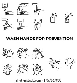 Hand washing line icon set. Included icons as wash, tissue paper, cleaning, hand dryer, soap, wipe, sanitary and more. Personal hygiene, disease prevention and healthcare from virus.
