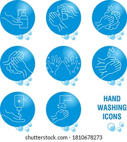 Hand washing line icon set. Included icons as wash, tissue paper, cleaning, hand dryer, soap, wipe, sanitary and more.