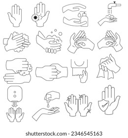 Hand washing line icon set. Hand wash against germs Hand Vector illustration on a white background. Hands sanitizer, rub with soap. germs protection. Clean hands wash icon, vector illustration set.