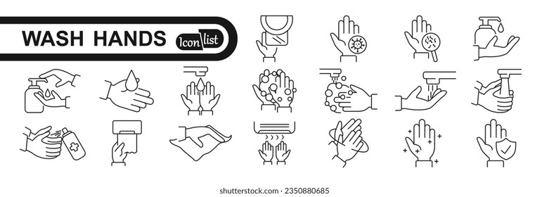 Hand washing line icon set. Included icons as wash, tissue paper, cleaning, hand dryer, soap, wipe, sanitary and more.	