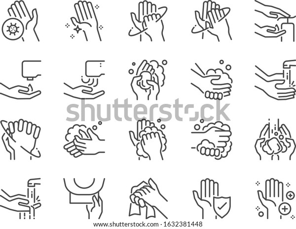 Hand\
washing line icon set. Included icons as wash, tissue paper,\
cleaning, hand dryer, soap, wipe, sanitary and\
more.