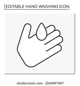  Hand washing line icon. Wet hand by water drop. Disinfection. Hygiena concept. Isolated vector illustration. Editable stroke