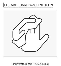  Hand washing line icon. Wrapped hands by wet napkins. Disinfection. Hygiena concept. Isolated vector illustration. Editable stroke