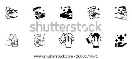 Hand Washing Line Icons. Editable Stroke. Pixel Perfect. For Mobile and Web. Contains such icons as Bacterium, Bathroom, Bubble, COVID-19, Cleaning Sponge, Dirty, Dryer, Faucet, Hand Dryer, Human Hand