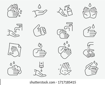 Hand washing line icons set. Vector illustration on a white background. Editable stroke.