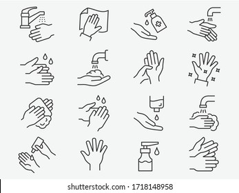Hand washing line icons set. Vector illustration on a white background. Editable stroke.