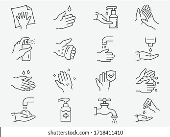 Hand washing line icons set. Vector illustration on a white background. Editable stroke.