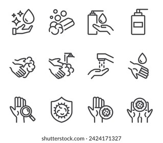 Hand washing line icons. Set of outline symbols, simple graphic elements, modern linear style black pictograms collection. Washing hands, hygiene, handwashing concepts. Vector line icons set