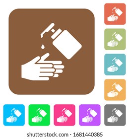 Hand washing with liquid soap flat icons on rounded square vivid color backgrounds.